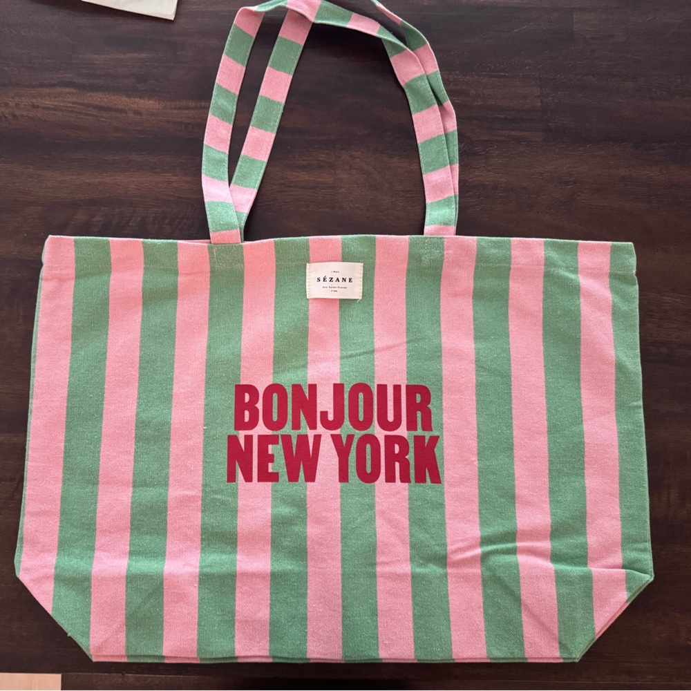 Sezane Pink and Green Striped Tote Bag with Canvas Design